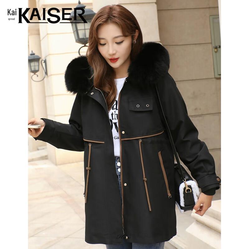 

KAISER Women s Fox Fur Collar Rabbit Fur Lined Parka Coat L