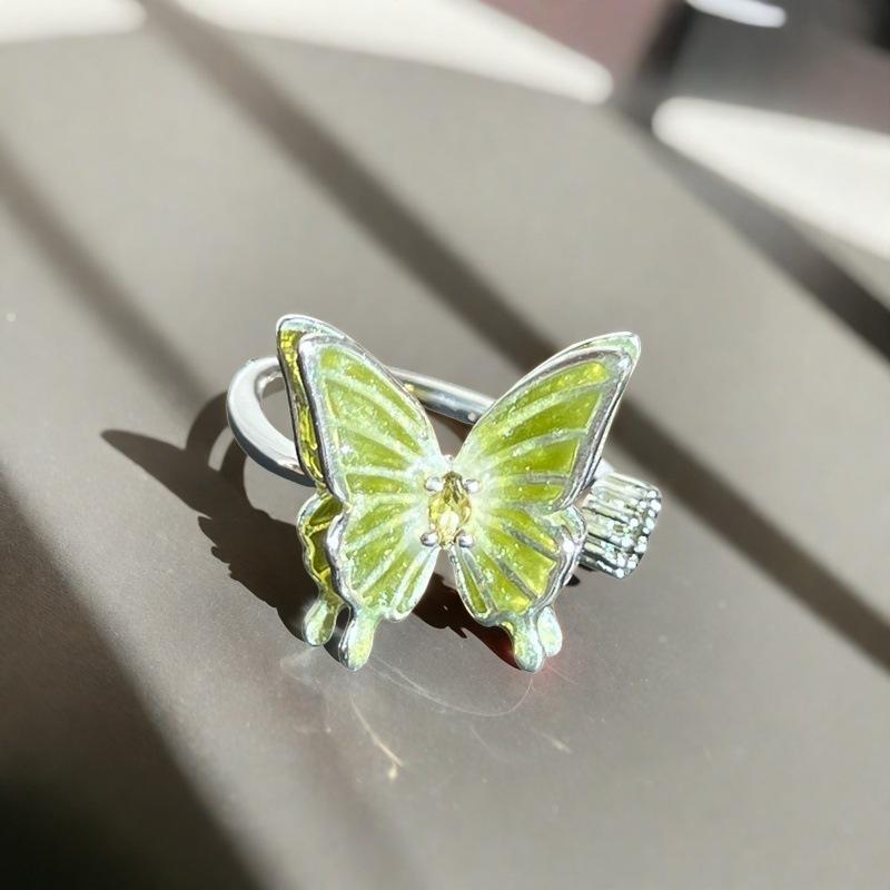Exquisite Enamel Oil Drop Flower Butterfly Open Ring Zircon Light Luxury High-End Sense Niche Design Ring