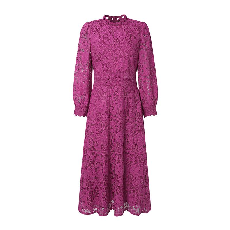 ZANZEA Women Casual Stand Collar Long Sleeve Lace Crochet Patchwork Long Dress
