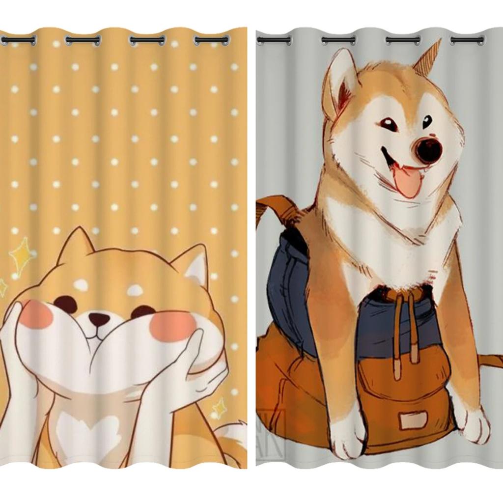Niedliche Cartoon Shiba Inu Bodenlange Fenster Erkerfenster Vorhänge für Kinderzimmer Zimmer Hoch Verdunkelnder Vorhang Ösenhaken