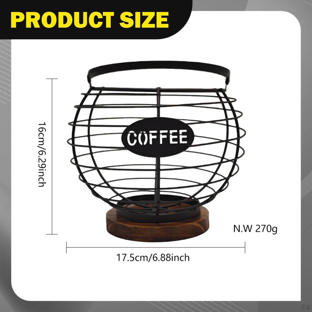 Coffee Capsule Holder, Basket, Iron Wire, Wooden Base, Fruit Storage