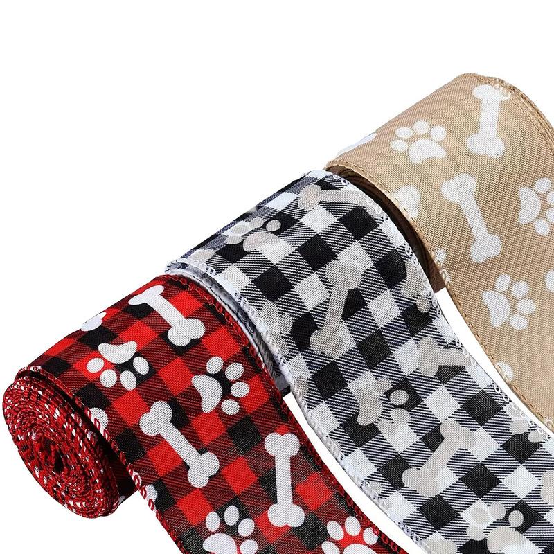 Handmade Gifts Ribbon Christmas Tree Decoration Ribbon Christmas Plaid Dog Paw Pattern DIY Ribbon Christmas Tree Decor 5 Yard
