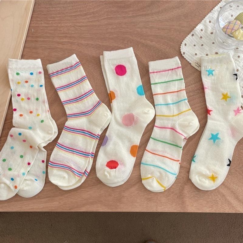 Girls Colorful Polka Dot Striped Socks Kids Mid Calf Socks Ins Trendy Pure Cotton Summer Thin Mesh Breathable Long Spring Summer