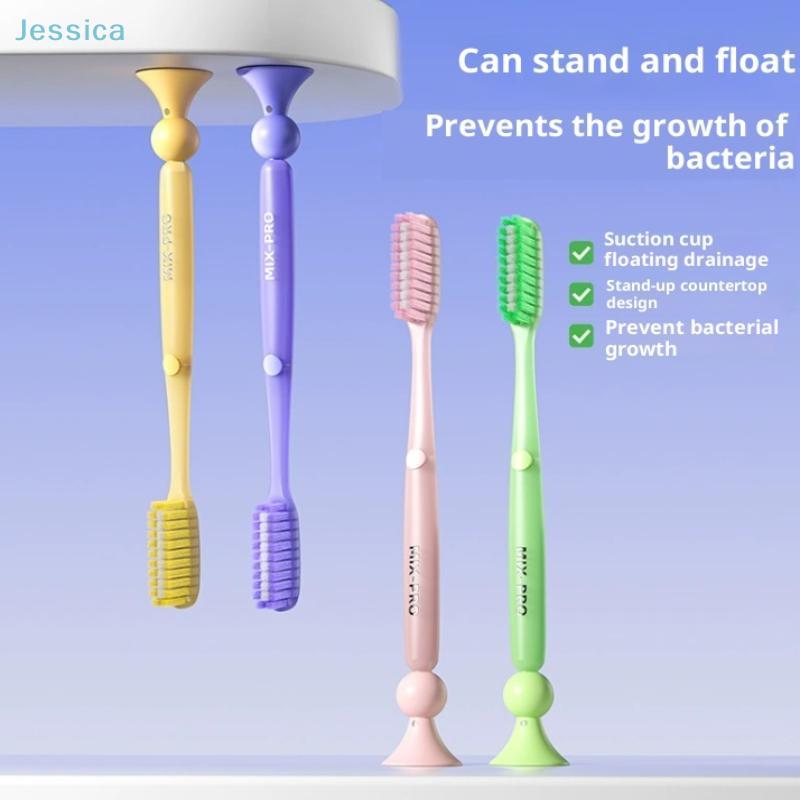 Extra-Long Brush Head Antibacterial Soft Bristle Toothbrush With Non-Slip Handle And Suction Cup Base Upright Design
