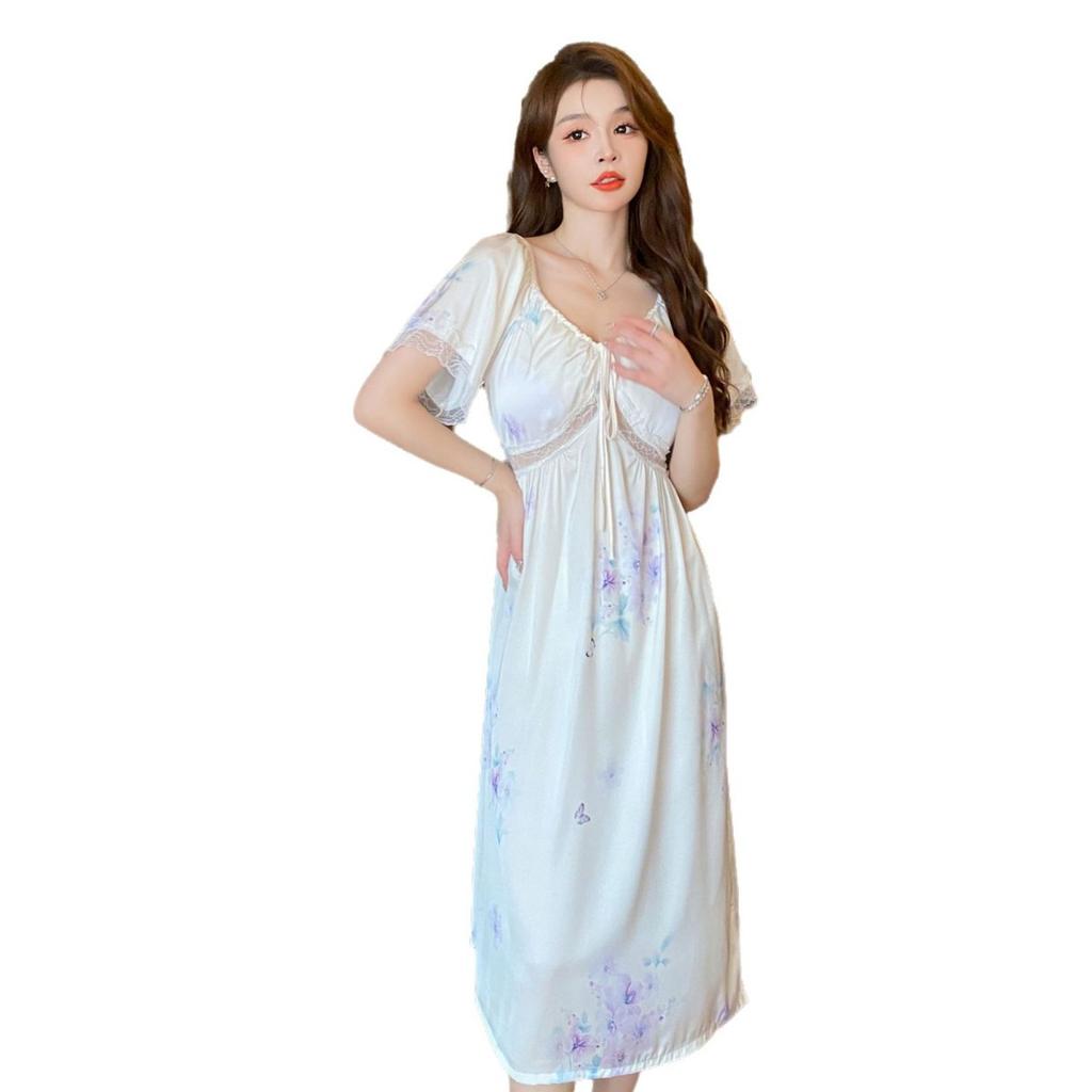 Summer Pajamas Women's Short-sleeved Long Skirt with Chest Pad Sweet Floral Silk French Chiffon New Loungewear