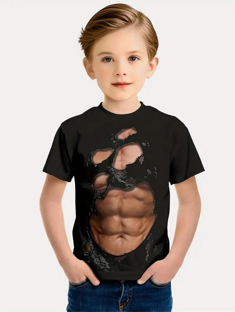 Muscle Kids T-Shirt Muscle Print T-Shirt Summer Beach Holiday Boy Short Sleeve 3D Digital Printing T-Shirt Casual Children Tops