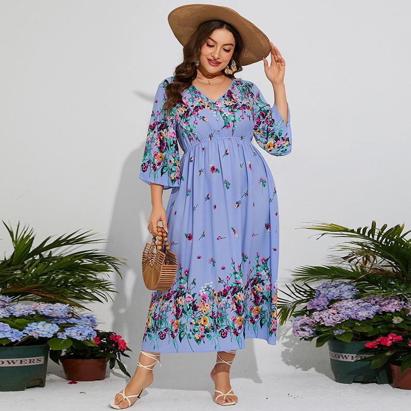 Rochie de damă de primăvară vară, mărime mare, din șifon, cu talie elastică, mâneci evazate, rochii lungi de vacanță