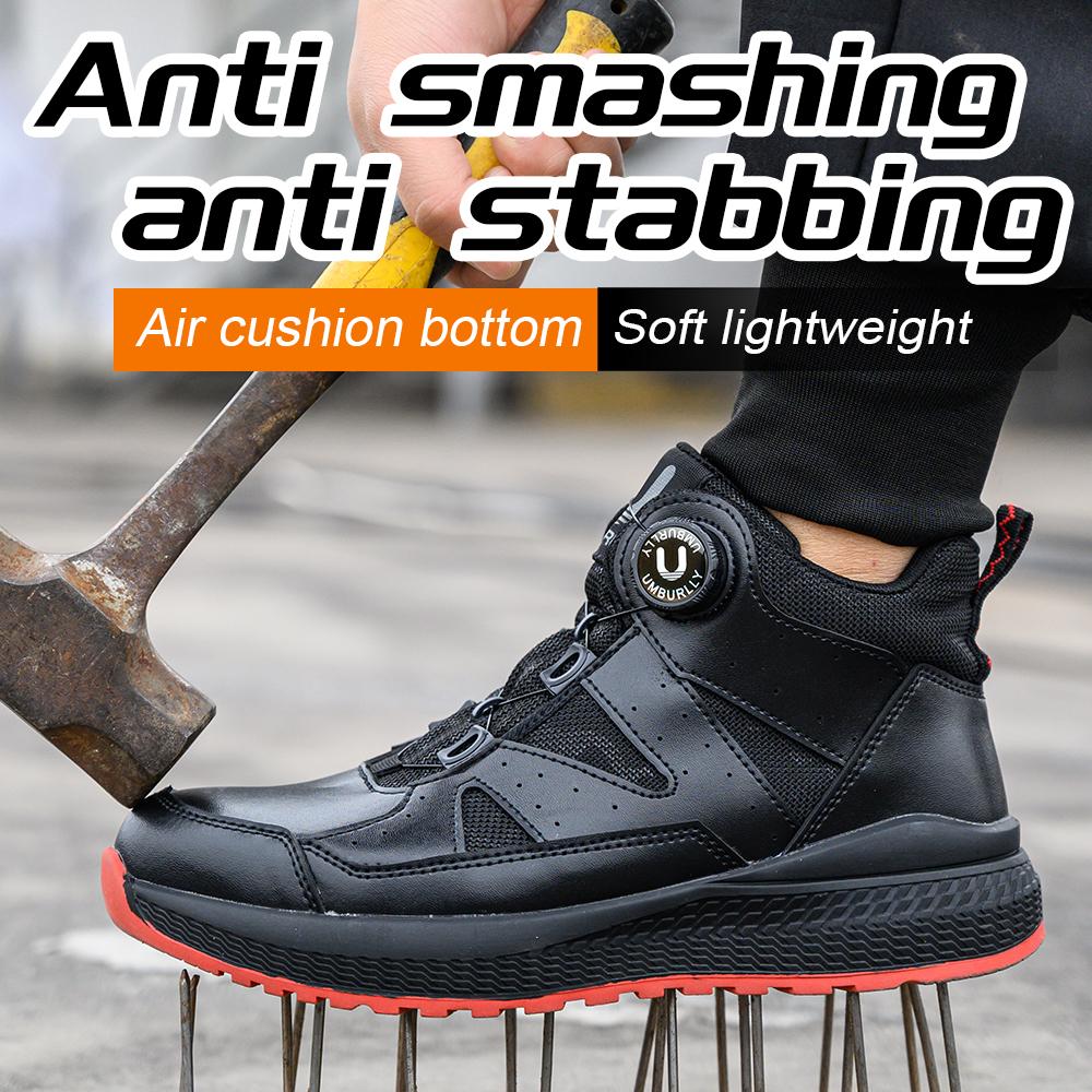 Black Leather Safety Shoes Men Steel Toe Sneakers High Top Work Shoes Rotating Button Work Boots Men's Protective Sneakers