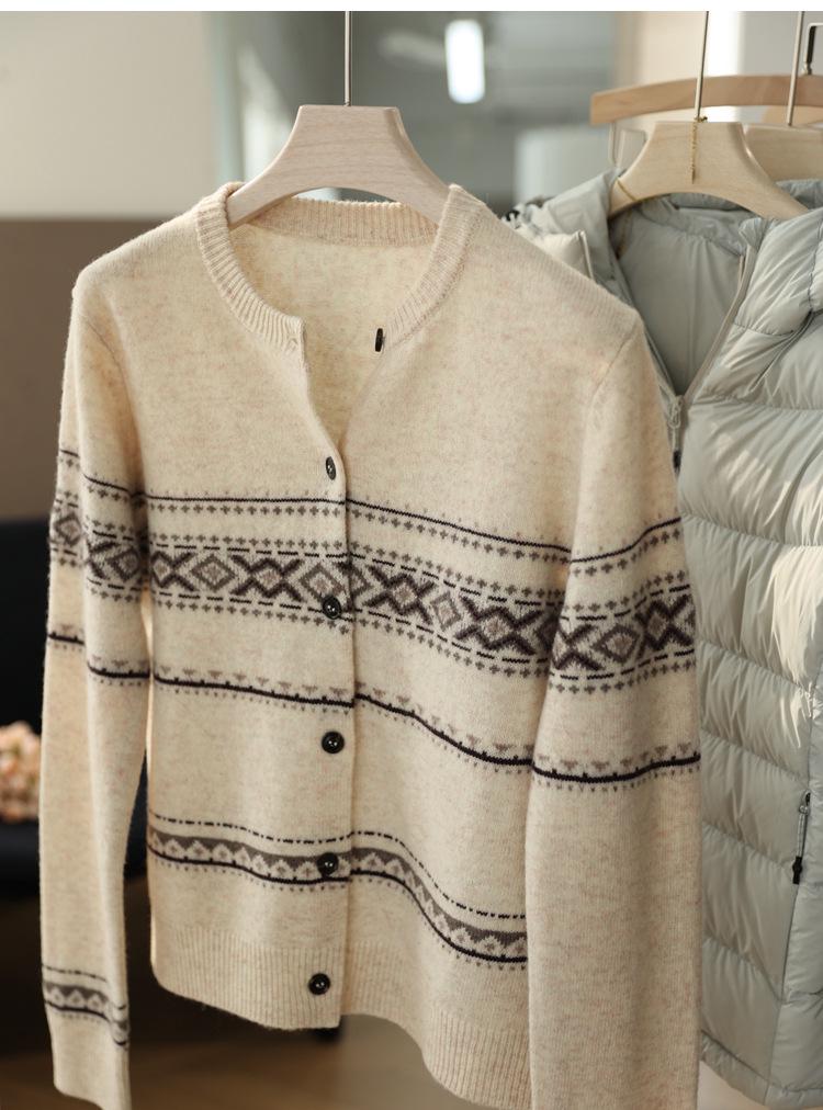 Women's Retro Fair Isle Wool Jacquard Round Neck Loose Cardigan Sweater, Autumn Collection