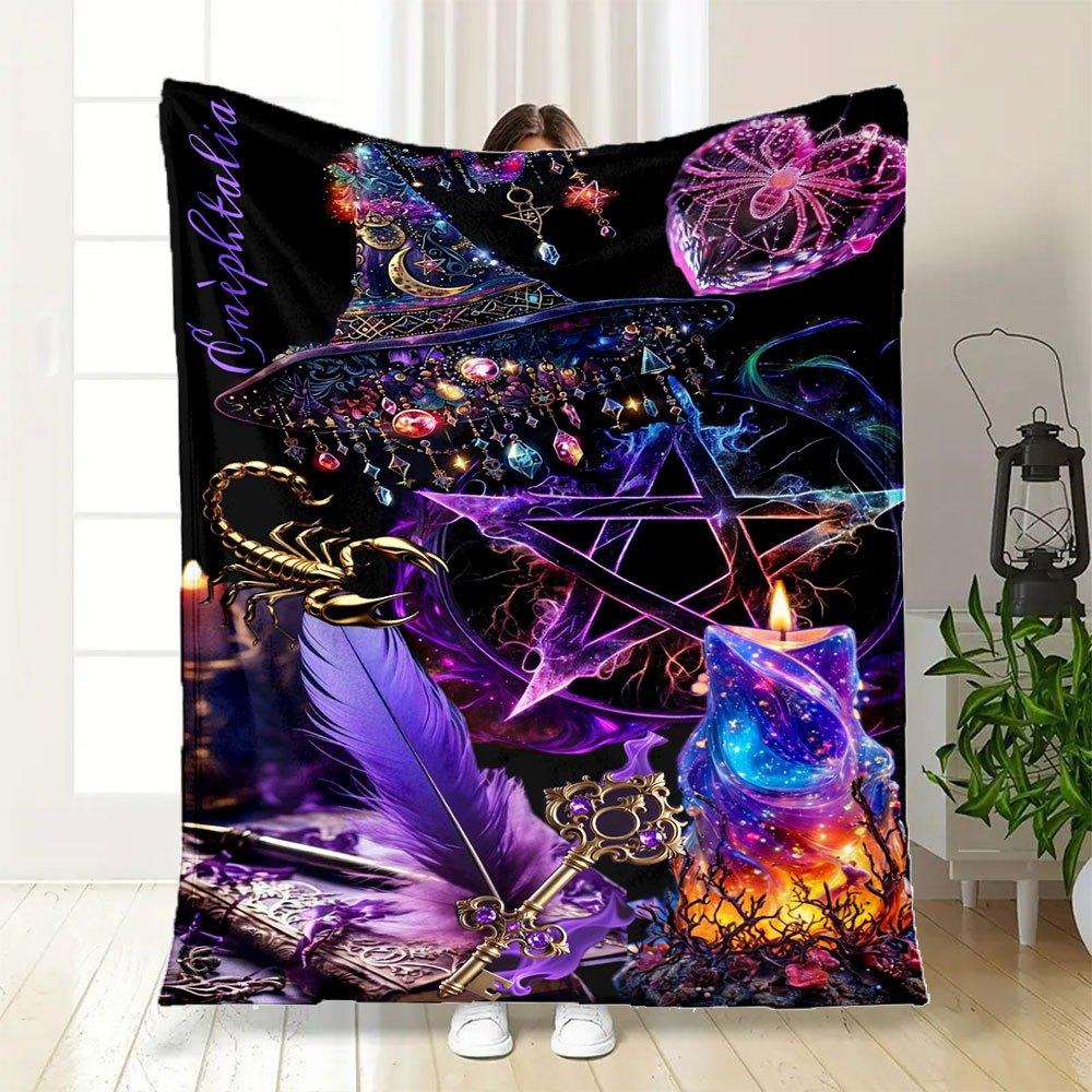 "Enchanted Witchcraft Decor: Spellbinding Candles, Pentagram, and Feather Set"Blanket Flannel Throw Blanket for Sofa, Bed, Travel, Camping, Office