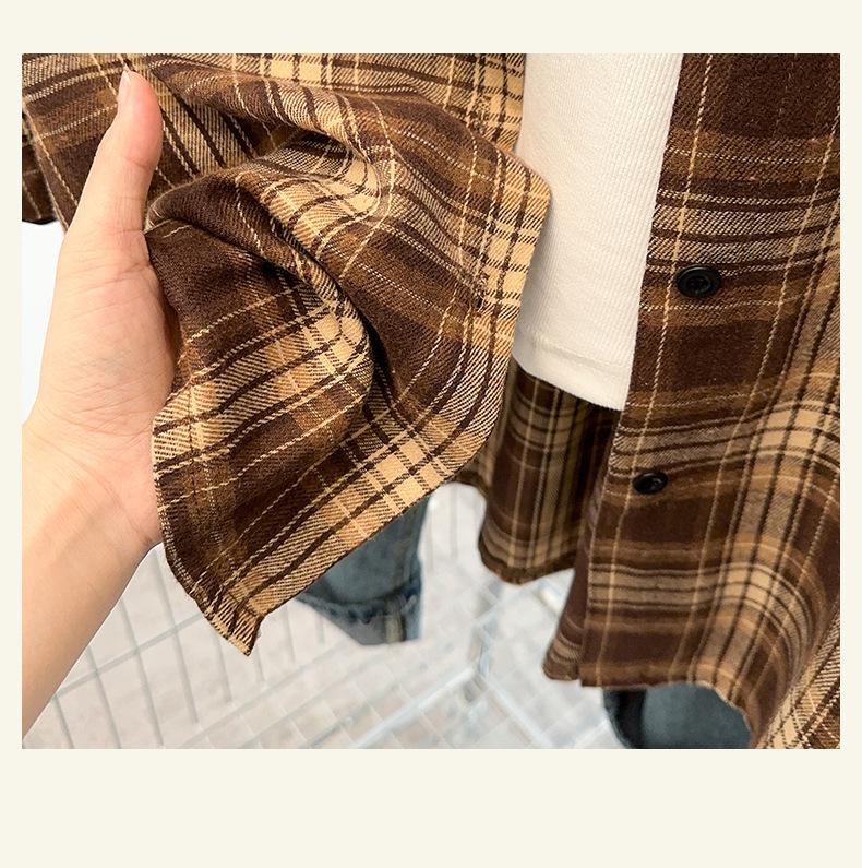 2025 Autumn Plus Size Retro Plaid Long Sleeve Loose Shirt Cardigan