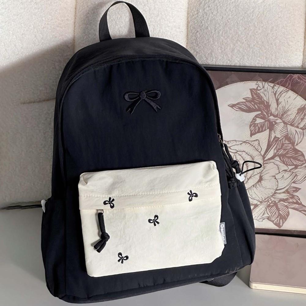 Daypack Canvas Bow Backpack Casual Embroidered Students School Bag Contrast Color Scratch Prevention Large Capacity Backpack