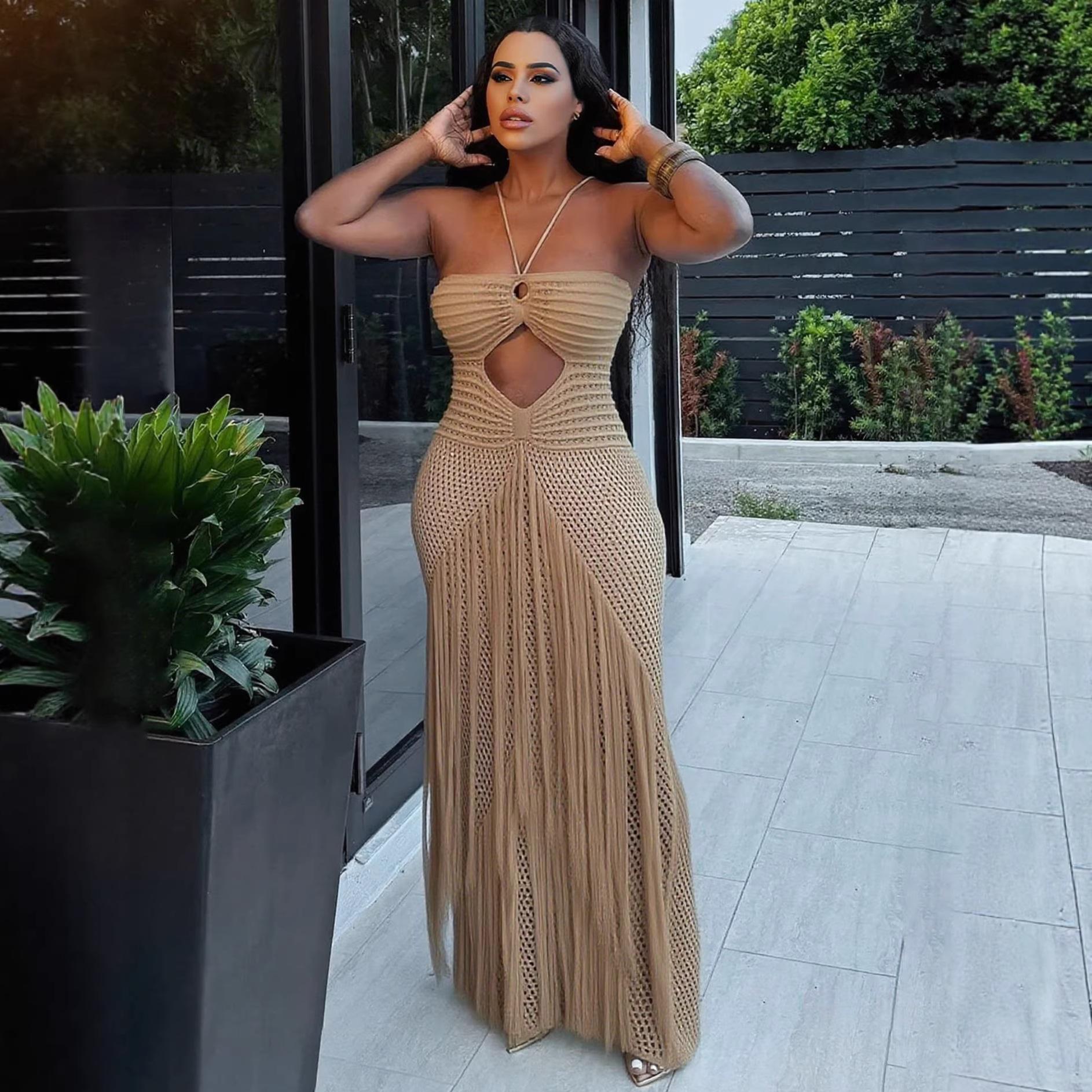 Women Solid Color Halter Neck Maxi Dress Cut Out Design Fringe Detail Sexy Beach Dress S