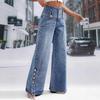 Autumn New Style Slit Denim Trousers, High-waisted Retro Button Denim Wide-leg Pants for Women