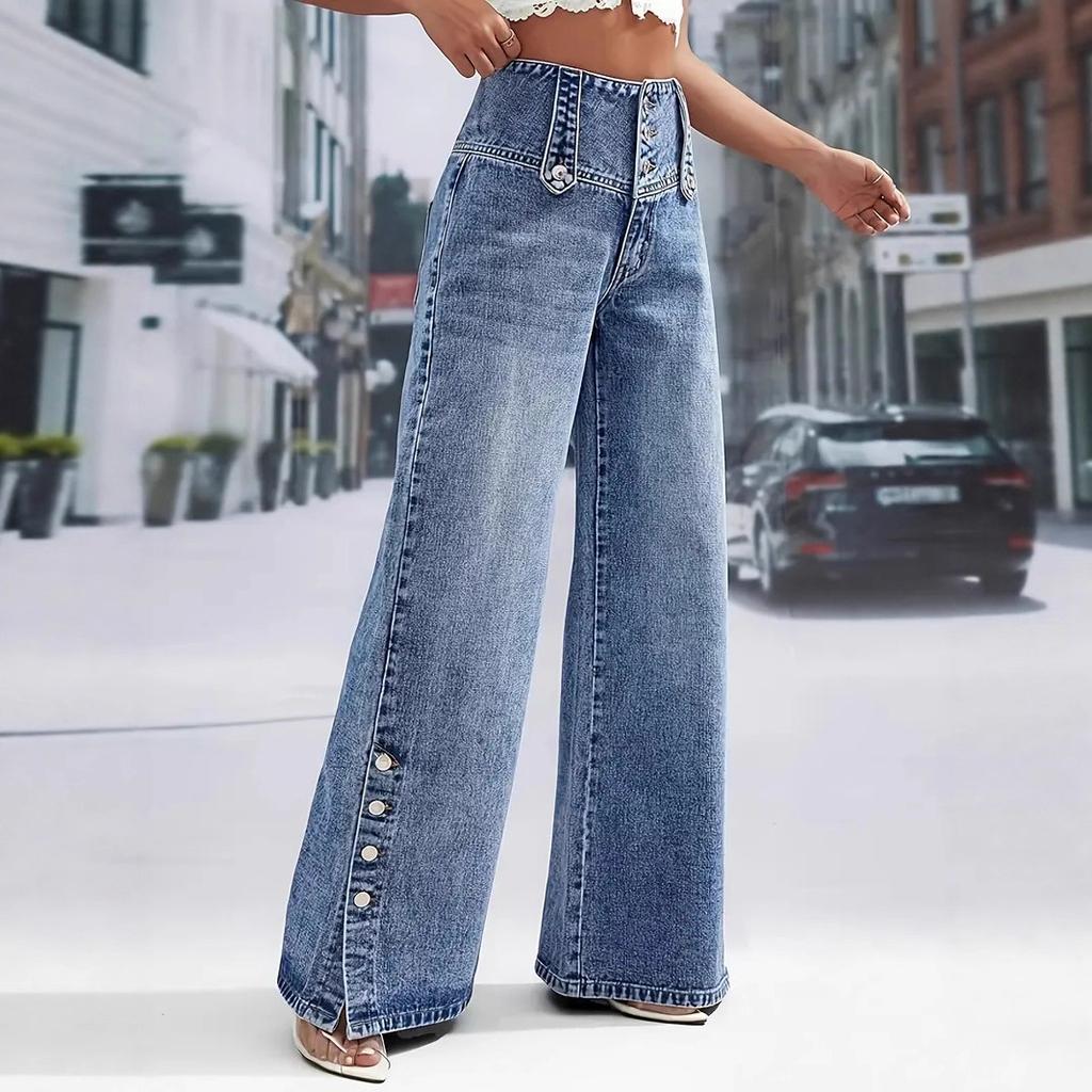 Autumn New Style Slit Denim Trousers, High-waisted Retro Button Denim Wide-leg Pants for Women