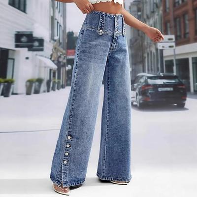 Jesienne Spodnie Jeansowe z Rozcięciem w Nowym Stylu, Jeansy z Wysokim Stanem z Retro Guzikami z Szerokimi Nogawkami dla Kobiet