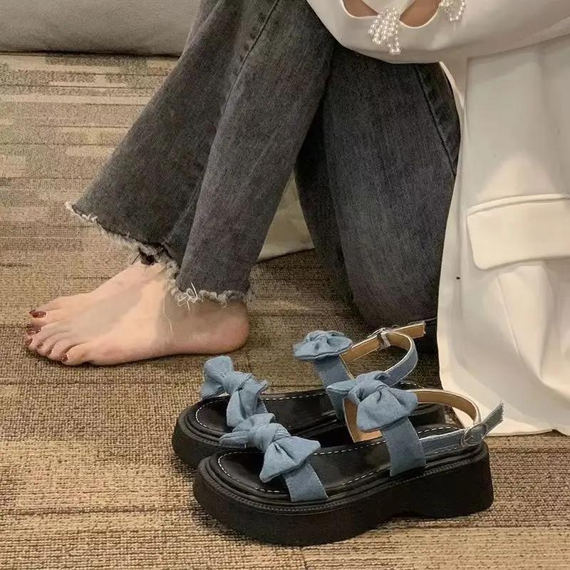 Fashion Platform One Word Blue Sandals for Women Outdoor Roman Style Bow Footwear Ladies Shoes Summer 2024 Trend Casual Comfort On Offer