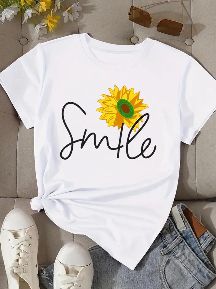 3(Asian Size) Print Fashion Female Tee Top Women Clothing T Shirt Flower Watercolor Cute Woman Short Sleeve Graphic T-shirts