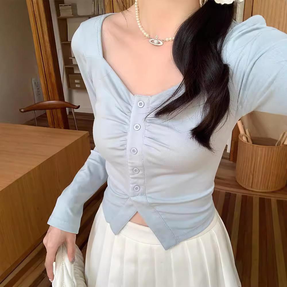 Stylish high-end sense irregular tight and thin short Spice girl big neckline long sleeve women's autumn versatile