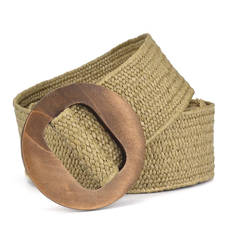 Elastic Pp Grass Belt Wood Round Buckle Belt Wide Woven Literature And Art Student With Skirt Waist Seal