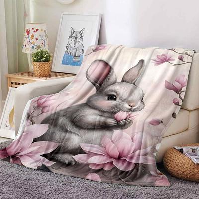 1pc Rabbit Flower Blanket Lightweight Flannel Throw for Sofa Bed Travel Camping Livingroom Office Couch Chair