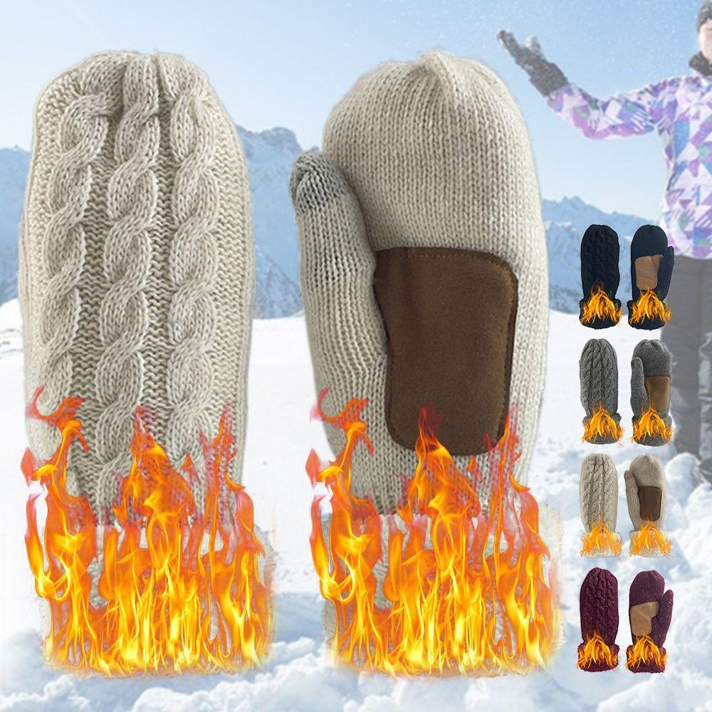 

Biking Hiking Anti-Slip Design Warm Thermal Fleece Lined Mittens for Women Men Wool Knit Gloves