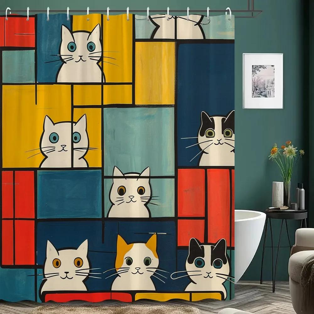 Cartoon Cat Shower Curtain Black and White Line Cat Colourful Footprints Polyester Fabric Home Shower Curtains Bathroom Decor