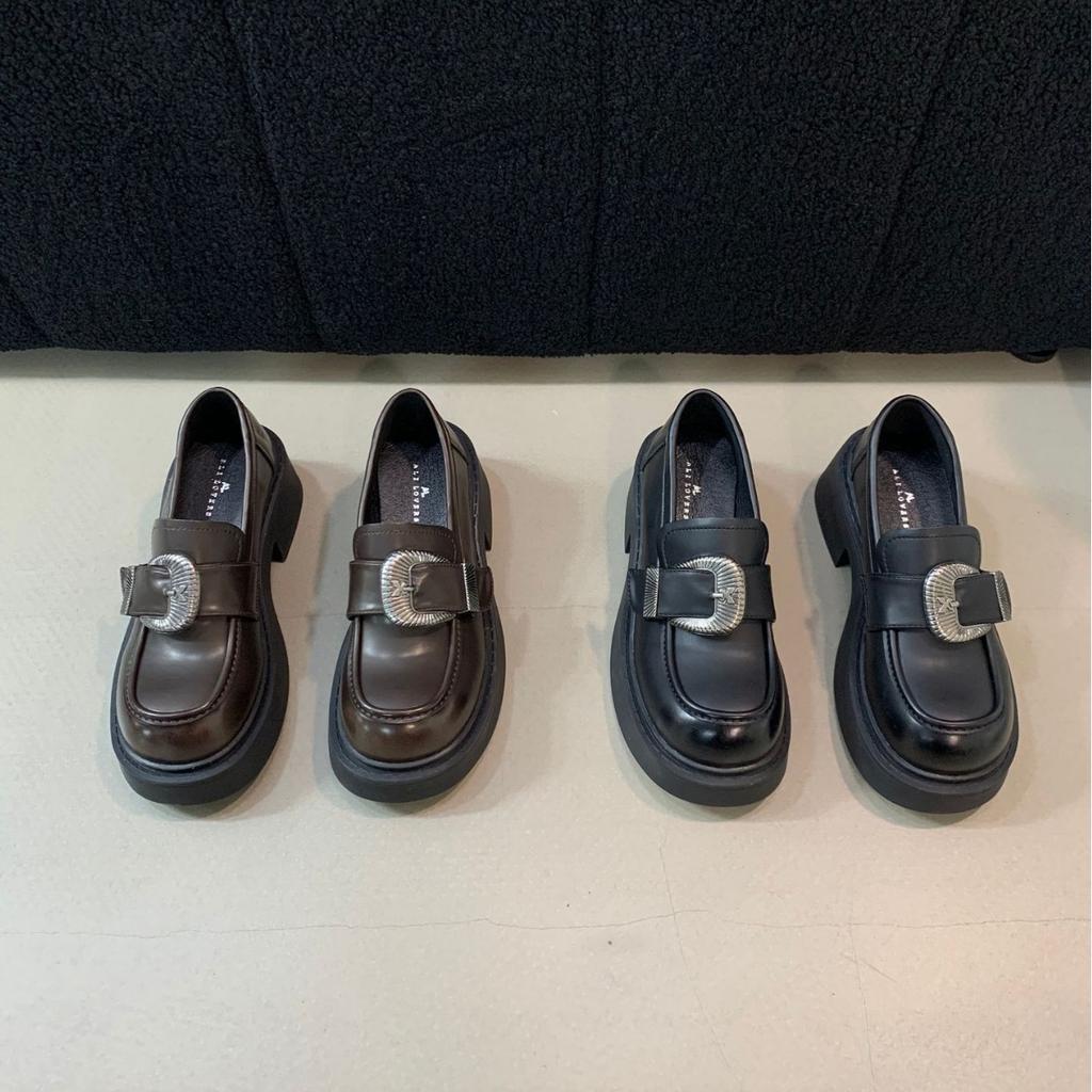 Coarse heel French sense retro brown small leather shoes women's shoes 2025 new metal belt buckle loafer single shoes