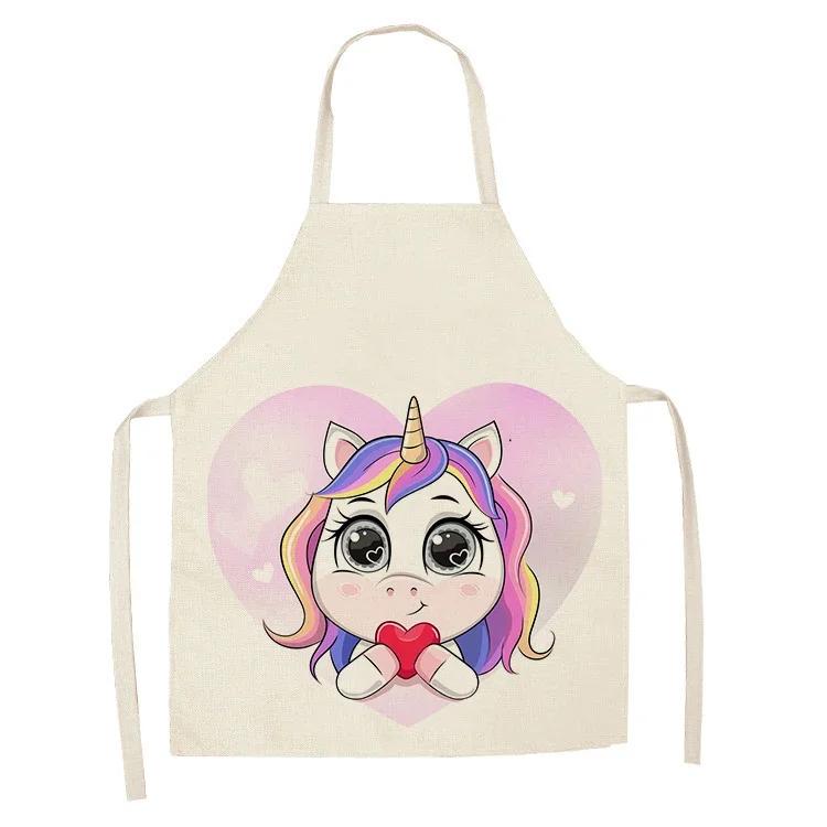 1Pcs Kitchen Apron Cartoon Unicorn Music Printed Cotton Linen Aprons for Women Men Cooking Accessories Delantal Cocina Mujer