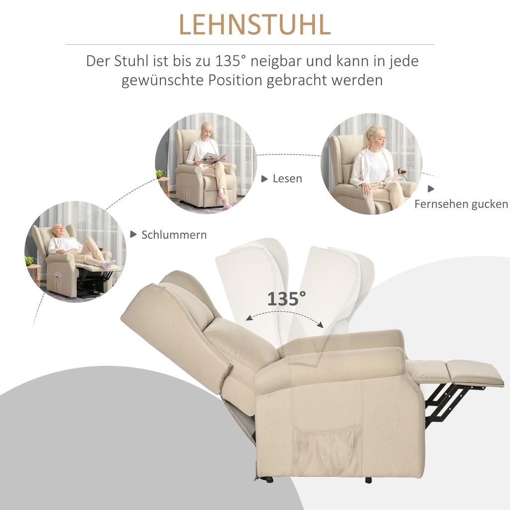 Recliner, Lift Assist, Reclining Function, up to 200kg, 72.5x94x109cm, Cream