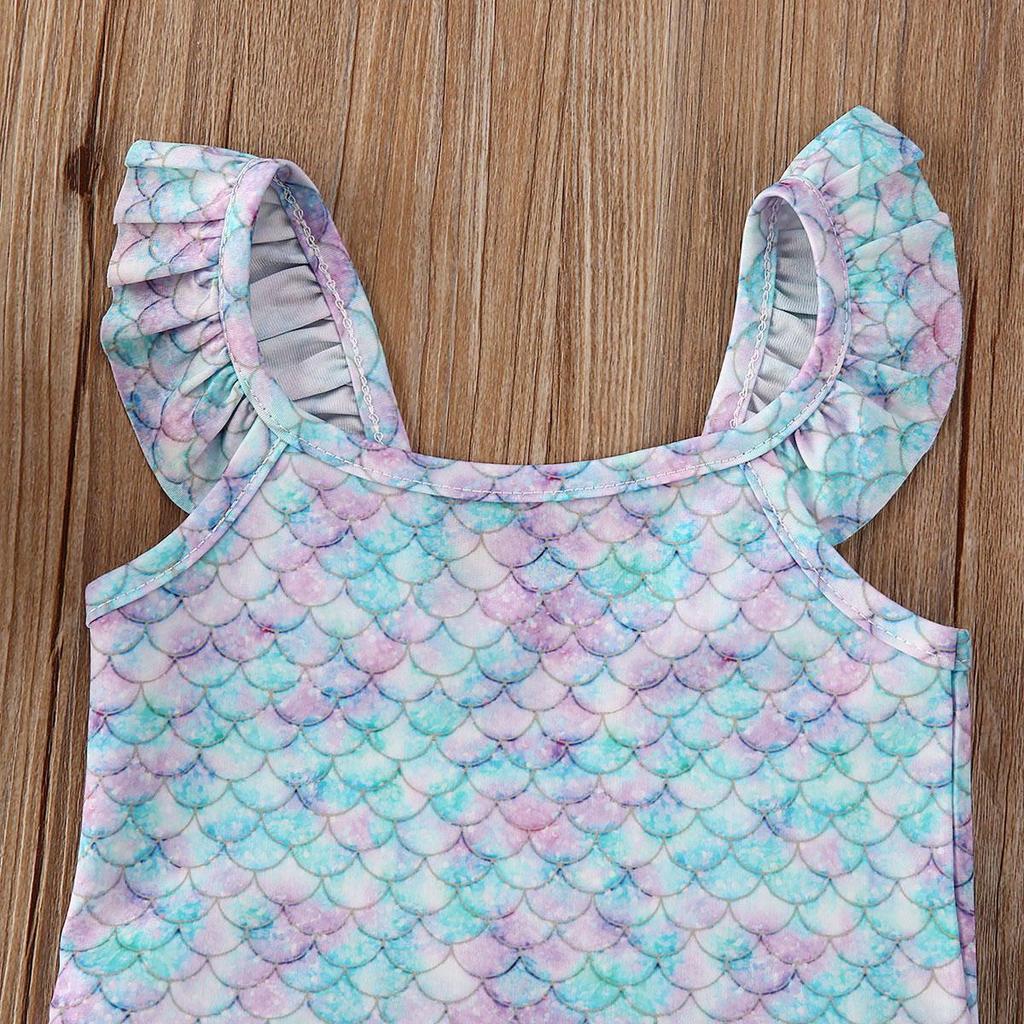 Costume de baie sirenă pentru fetițe, costume de baie dintr-o singură piesă cu cântare de pește, costum de baie fără mâneci cu volane și fustă tutu