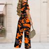 Women Plus Size Printed Grey Round Neck Short Sleeve Crop Top Wide Leg Pants Two Piece Set