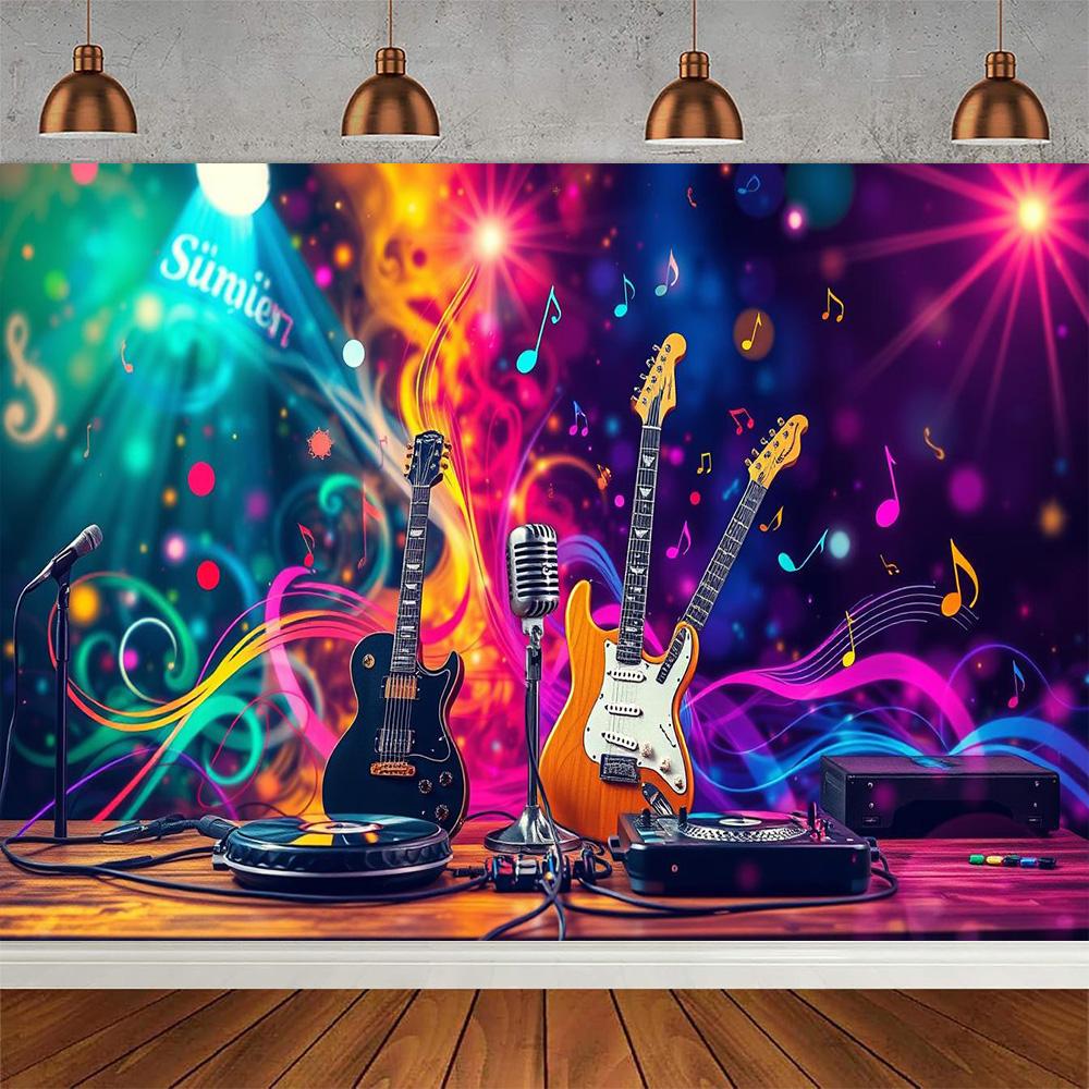 Rock Music Themed Birthday Party Decoration Shooting Background, Music Guitar Dance Notes Band Stage Banner Photography Backdrop