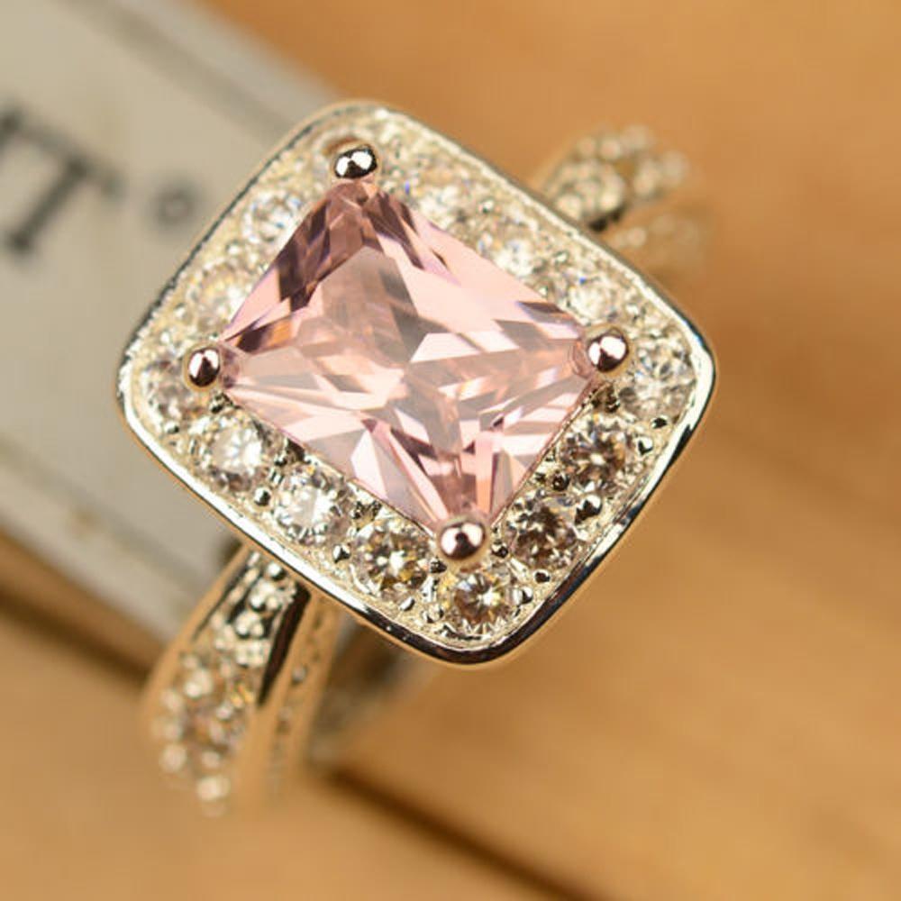 Pink Topaz Square Gemstone Silver Tone Women Bridal Alloy Ring Jewelry Gifts