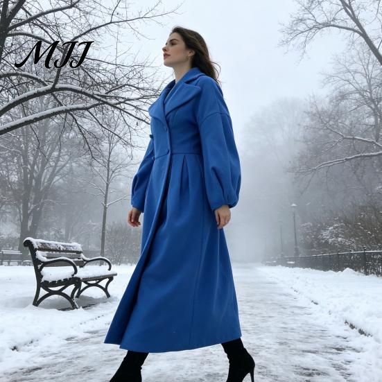 Casual Long Coat Women Wool for Fall Winter, Lantern Sleeve Winter Notch Lapel Overcoat, Double Breasted Trench with Pockets