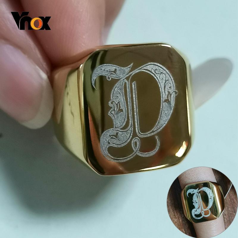 Vnox Heavy A-Z Initial Stamp Ring for Men Gold Color Solid Stainless Steel Signet Ring Chunky Punk Finger Jewelry Customize Gift