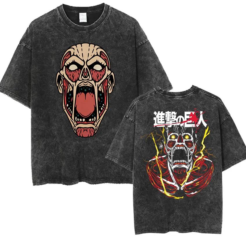 Anime Attack Titan Retro Wash Bedrucktes T-Shirt Mikasa Ackerman Eren Jaeger Freie Flügel Muster Herren Sommer T-Shirt
