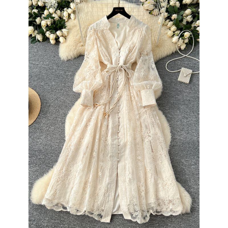 French Style Classy Women's Clothing Dress 2025 Spring Tight Waist Machine Embroidery V-neck Lantern Sleeve Single-Breasted Long Skirt