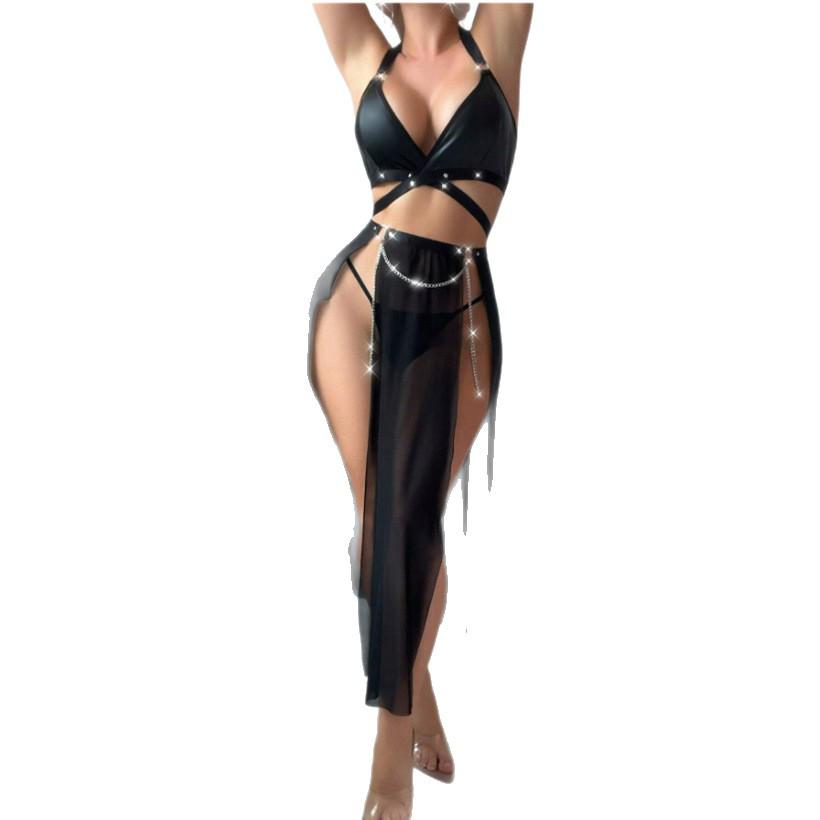 Spicy Dark PU Leather Choker Bra & Chain Two-Piece Lingerie Set