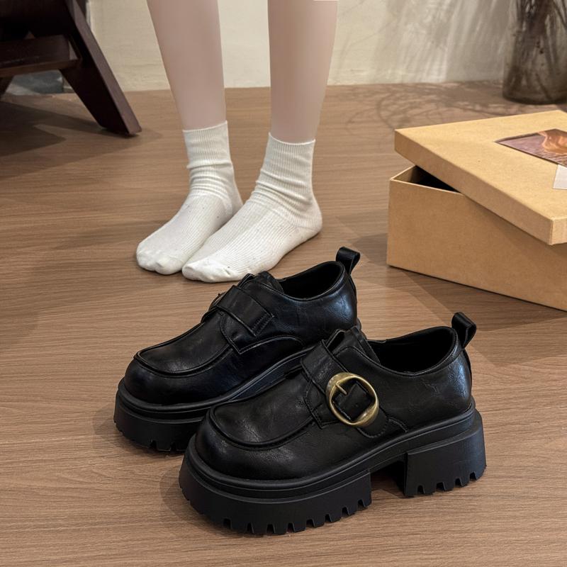 Fashion Square Heel Loafers Autumn New Round Toe Deep Mouth Metal Buckle Platform Non-slip Single Shoes