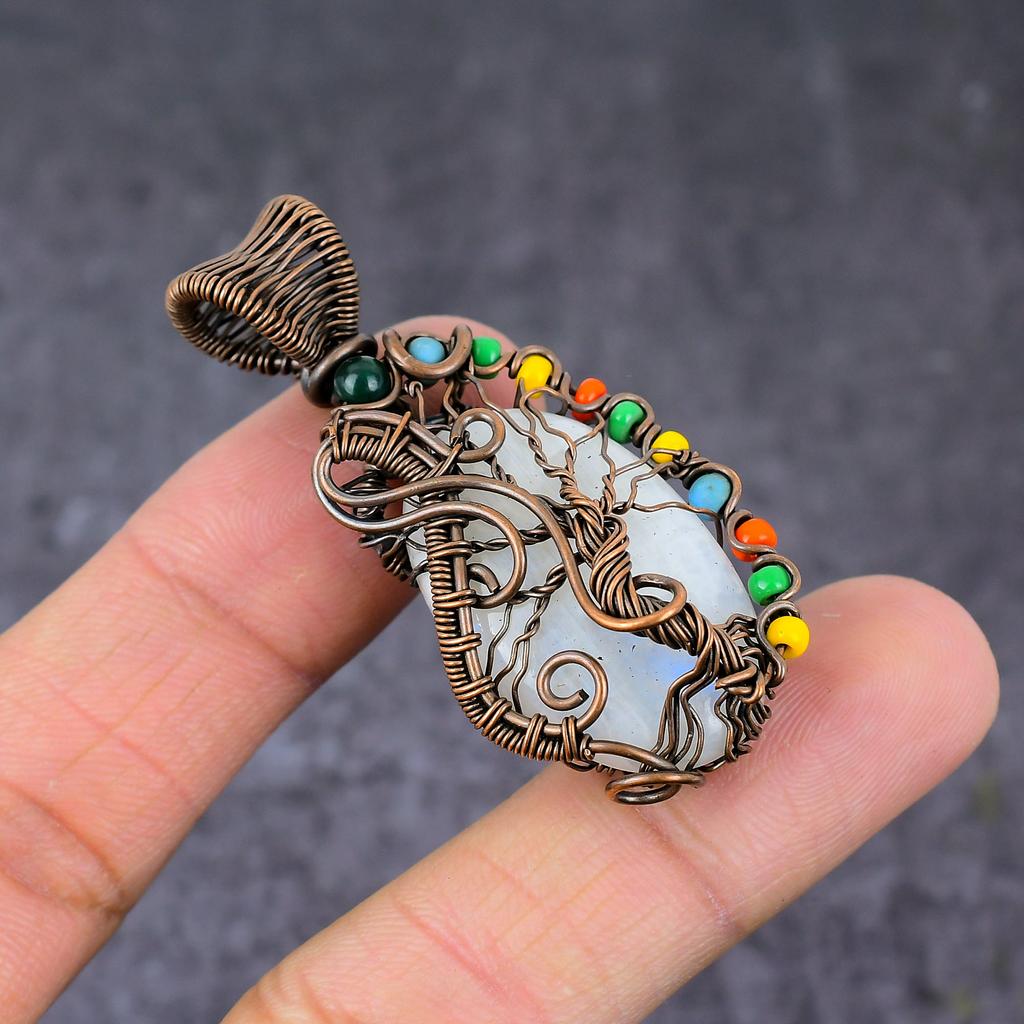Natural Rainbow Moonstone Copper Wire Wrap Tree Of Life Pendant 2.17" Y5L24
