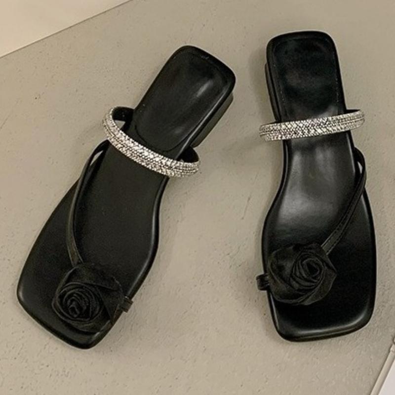 

Fashion Flower Women Heeled Slippers Crystal Clip Toe Sandals Woman Shoes 2025 Trend Summer Fad Flip Flops Shallow Chunky Mujer Zapatos 40 чёрный
