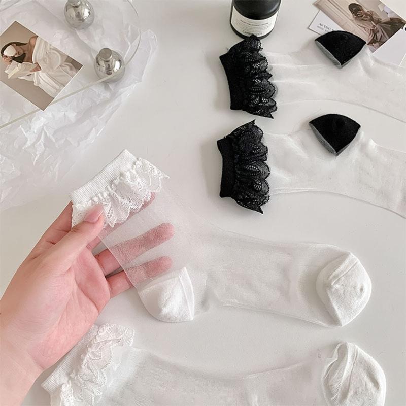 Damen Socken Japanische Lolitas Spitze Rüschen Verspielte Socken Niedliche Prinzessin Knöchelsocken Kristallglas Seide Transparent Socke