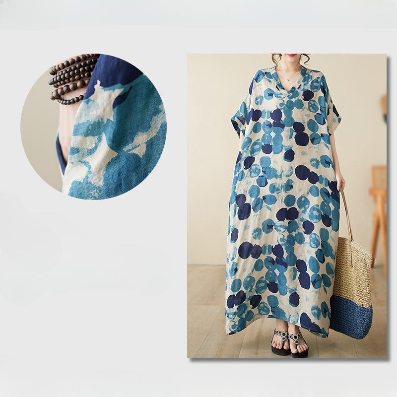 Sommer V-Ausschnitt Dünn Baumwolle Leinen Übergröße Locker Literarischer Urlaubsstil Strandkleid Retro Lange Kleider