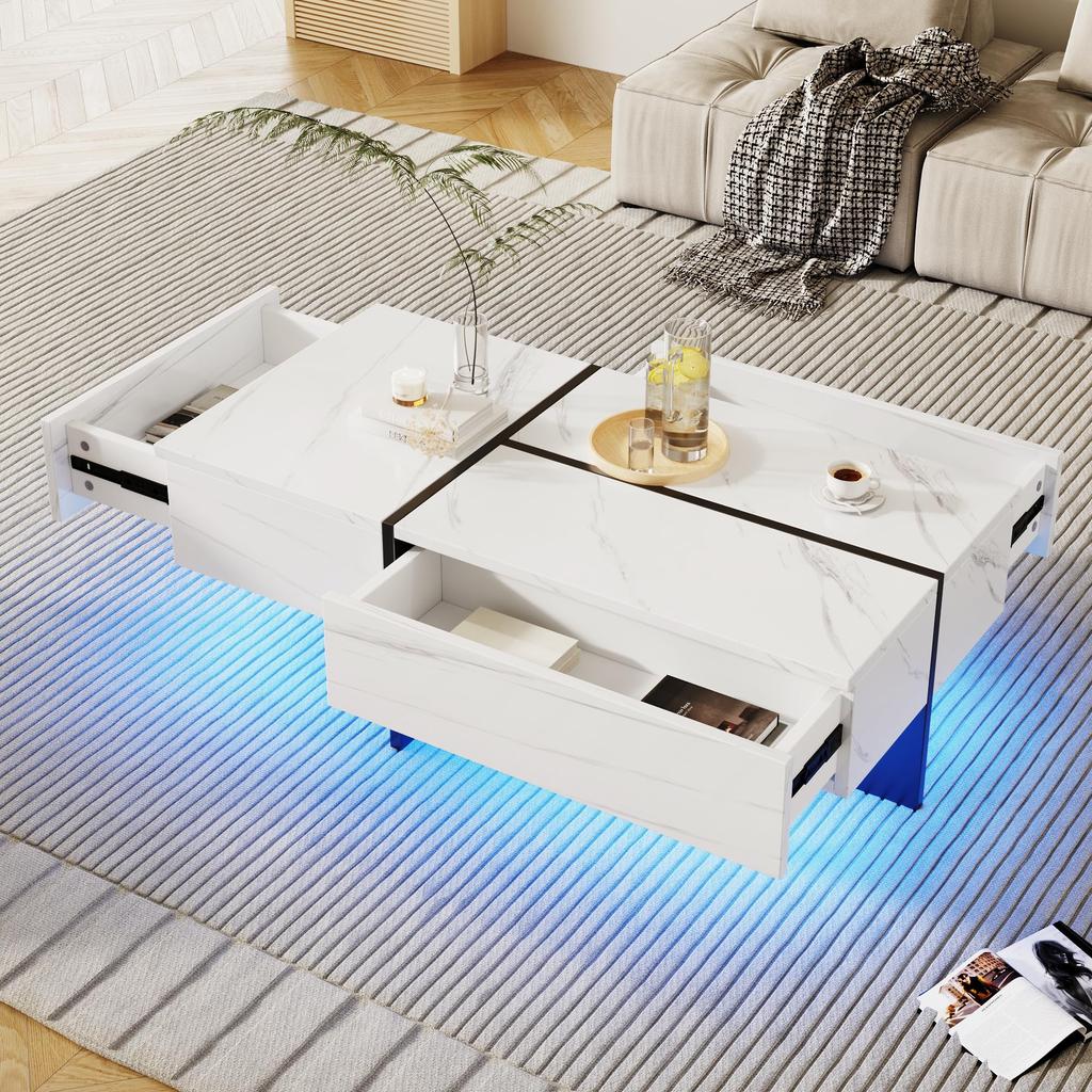 Living Room Table, LED Coffee Table with Storage, High-Gloss Coffee Table with Drawers, Modern Coffee Table
