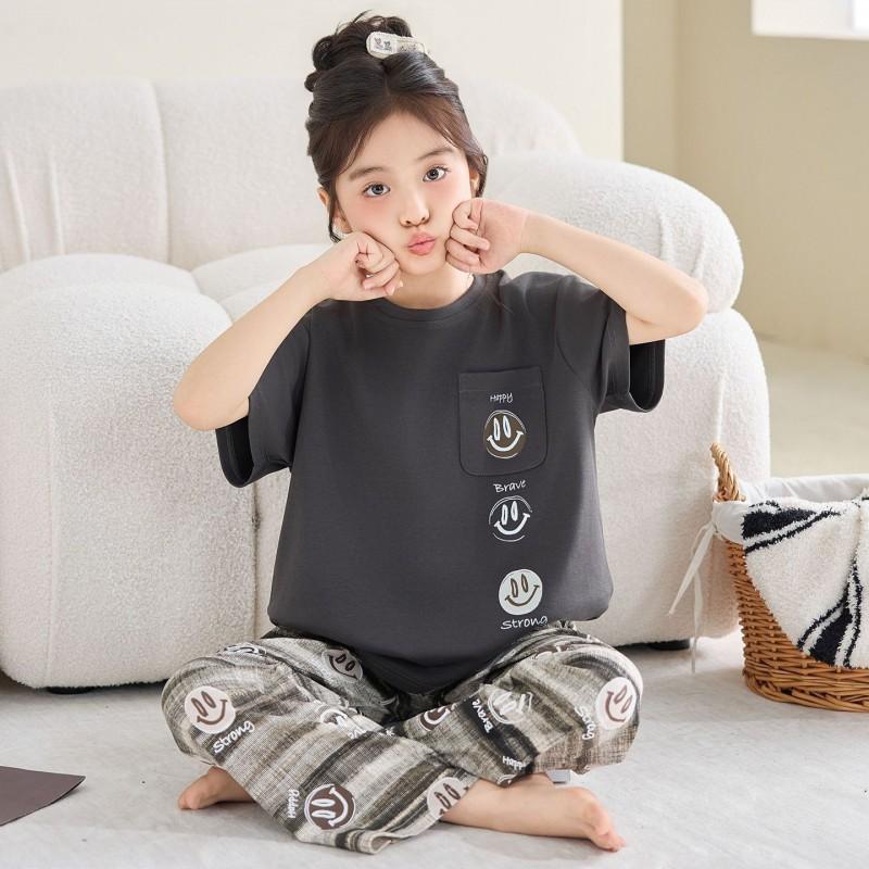 Girls Cotton Pajama Set Short Sleeve Long Pants Cartoon Print Sleepwear Kids Ages 4-12