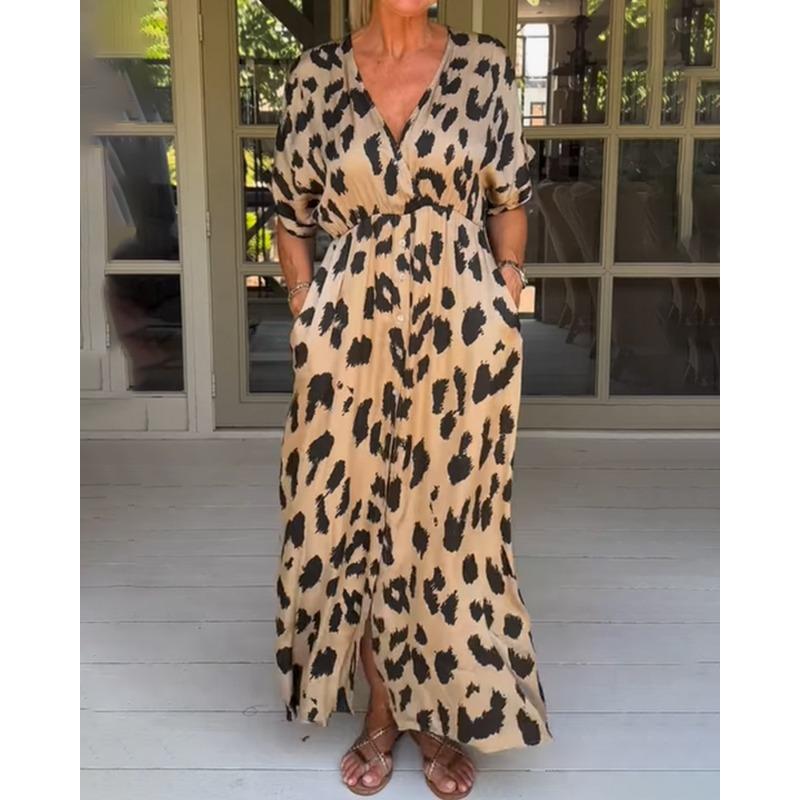 VEZFAA Women s Fashion Summer Spring Leopard Print Short Sleeve V-Neck High Waist Casual Dresses S