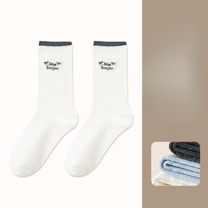 Spring and Autumn Socks, Women's Embroidered Letter Trendy Color-blocking Socks, Versatile Mid-calf Cotton Socks, Versatile Pile Socks