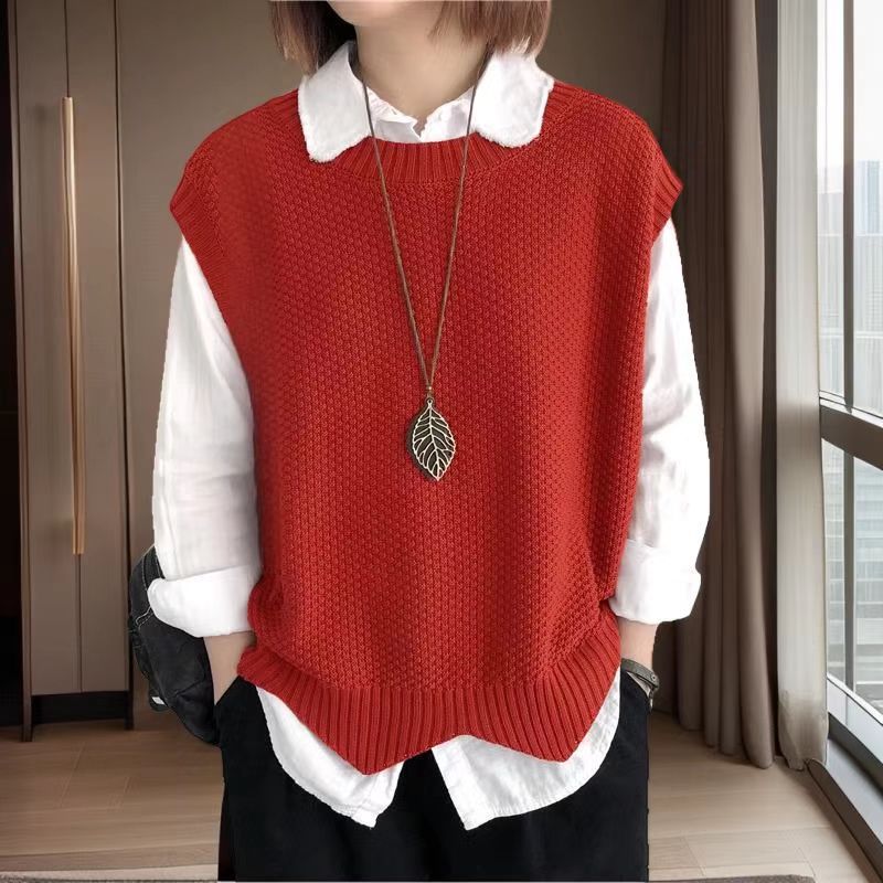 

Женский повседневный вязаный жилет свободного кроя с волнистым низом и круглым вырезом темно-красного