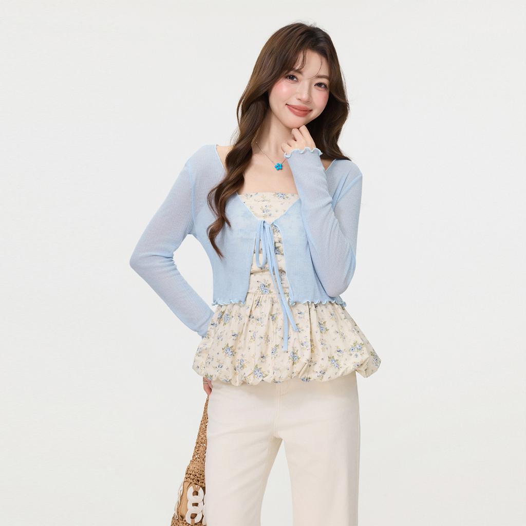 Blue Thin with Suspenders, Straps, Shawl, Knitted Cardigan, Women's Spring and Summer Design, Fungus Edge Top Blouse